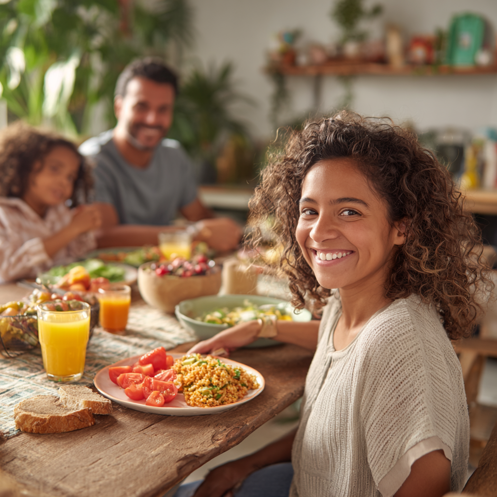 Grupo de adultos colombianos sonrientes bebiendo agua fresca y disfrutando de frutas hidratantes al aire libre